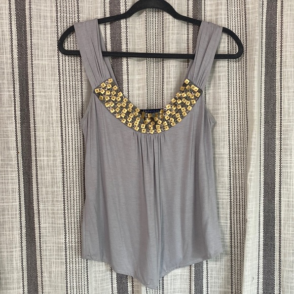 Light Gray Tank top with e and Gold Faux Leather and Beaded Detailing - Picture 1 of 3